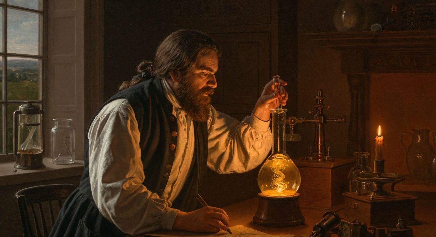 A bearded 18th-century chemist in a dimly lit laboratory carefully examines a glass flask filled with glowing gas, surrounded by antique scientific instruments and flickering candlelight.