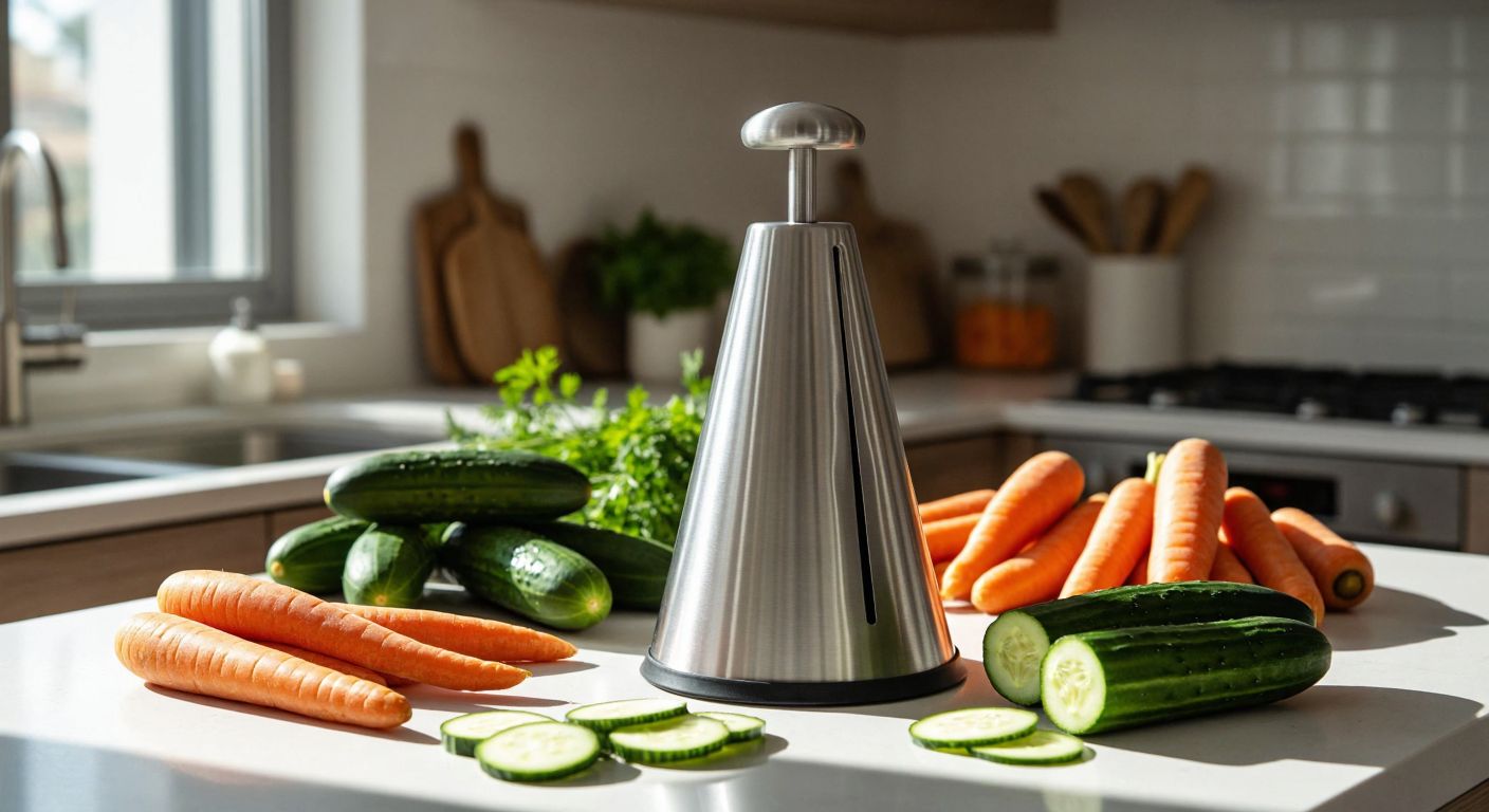 A stainless steel spiral vegetable slicer with a conical design sits on a sunlit Turkish kitchen counter, surrounded by fresh cucumbers and carrots ready to be sliced, while a hand grips its ergonomic handle.