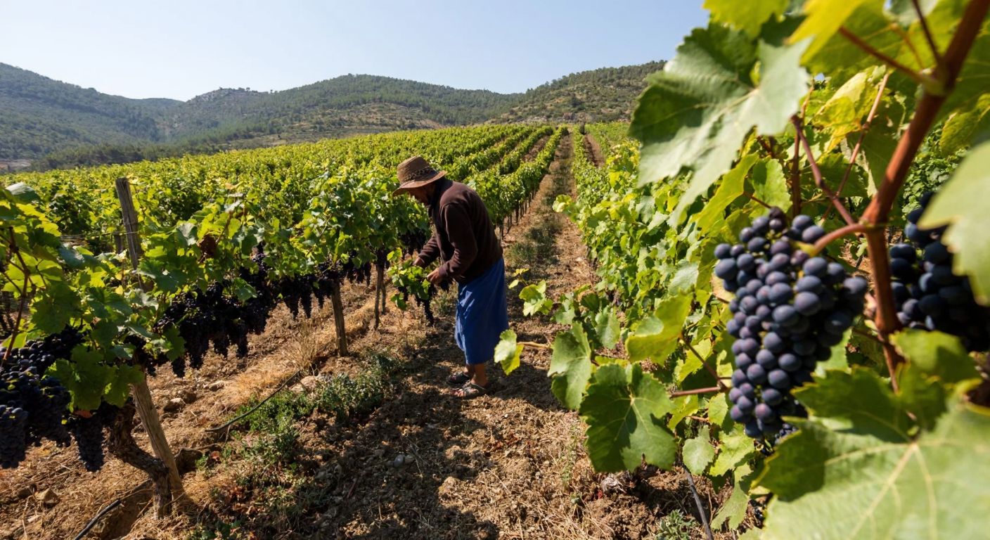 A sunlit vineyard in Turkey's Aegean region, with rows of lush grapevines heavy with dark purple clusters, framed by rolling hills and a farmer in traditional attire carefully inspecting the fruit.