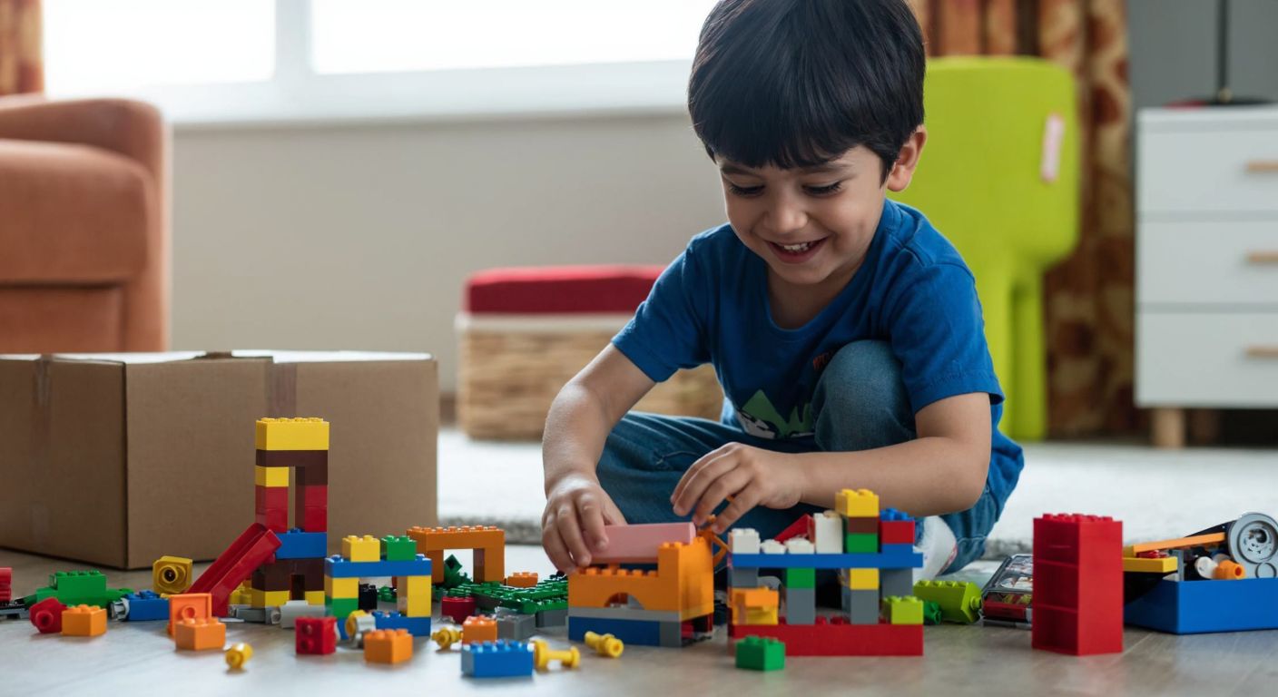 A smiling child in a cozy Turkish home carefully assembles a colorful second-hand Lego set, surrounded by scattered bricks and a neatly organized box labeled "Lego" in the background.