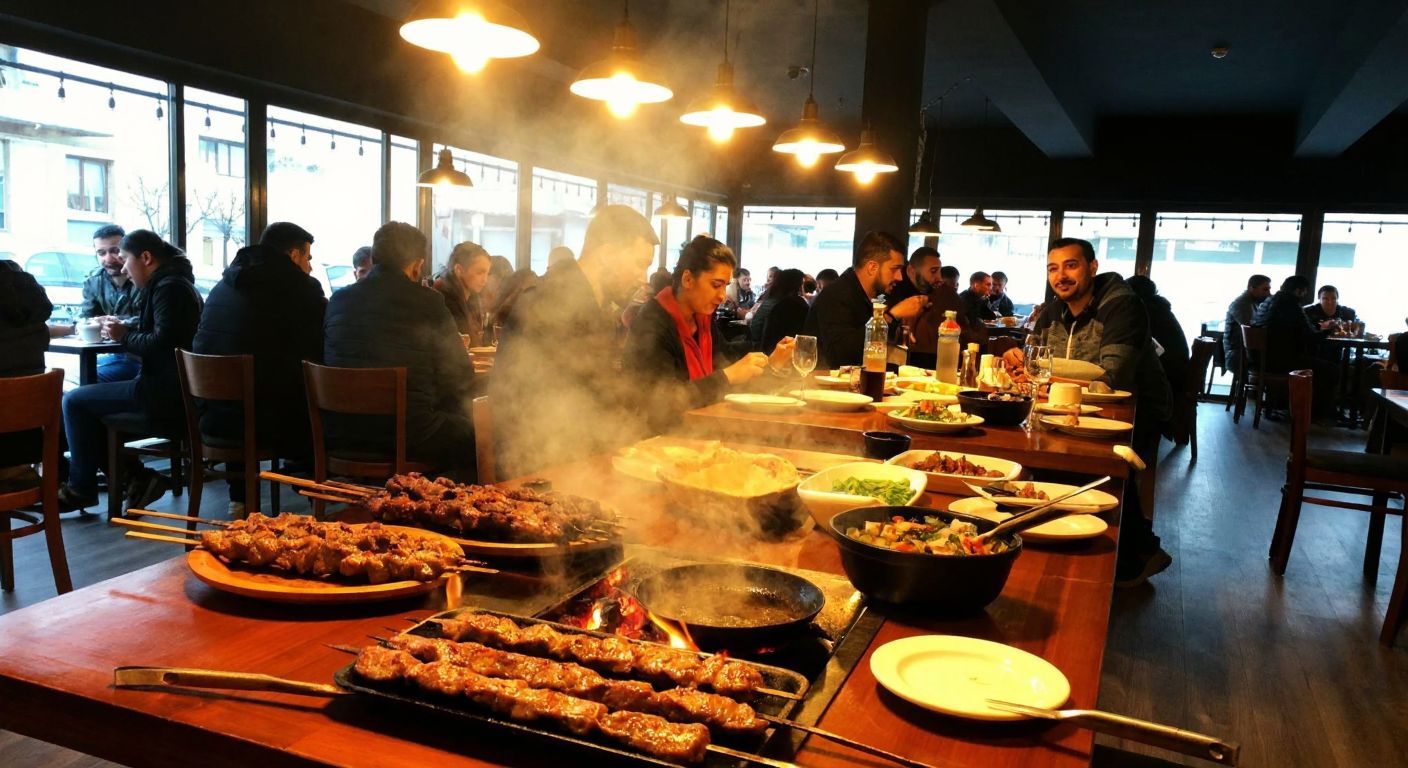 A bustling Turkish restaurant in Melikgazi, Kayseri, with a smoky aroma of grilled meat, wooden tables filled with sizzling skewers, and cheerful locals enjoying the meal under warm lighting.