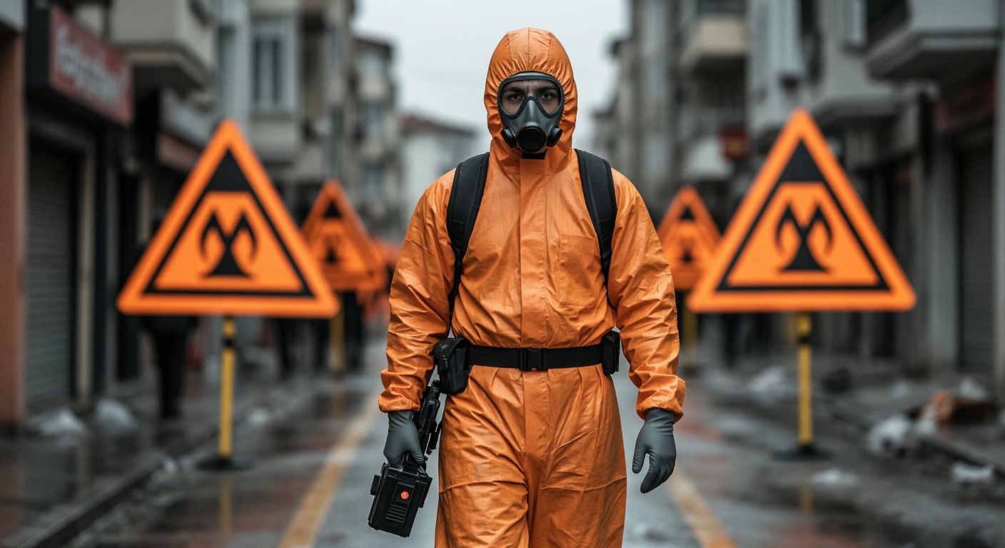 A hazmat-suited figure stands alert in a Turkish urban setting, holding detection equipment, with ominous orange and black warning signs blurred in the background.