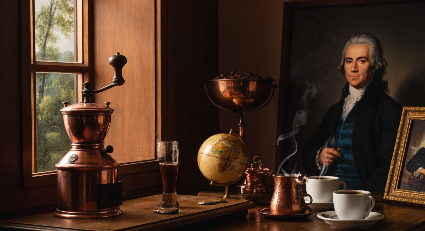 A warm, dimly lit café with an antique copper coffee grinder, steaming cups of Turkish coffee, and a globe on a wooden shelf, surrounded by portraits of Beethoven, Voltaire, and Franklin sipping coffee in elegant historical attire.