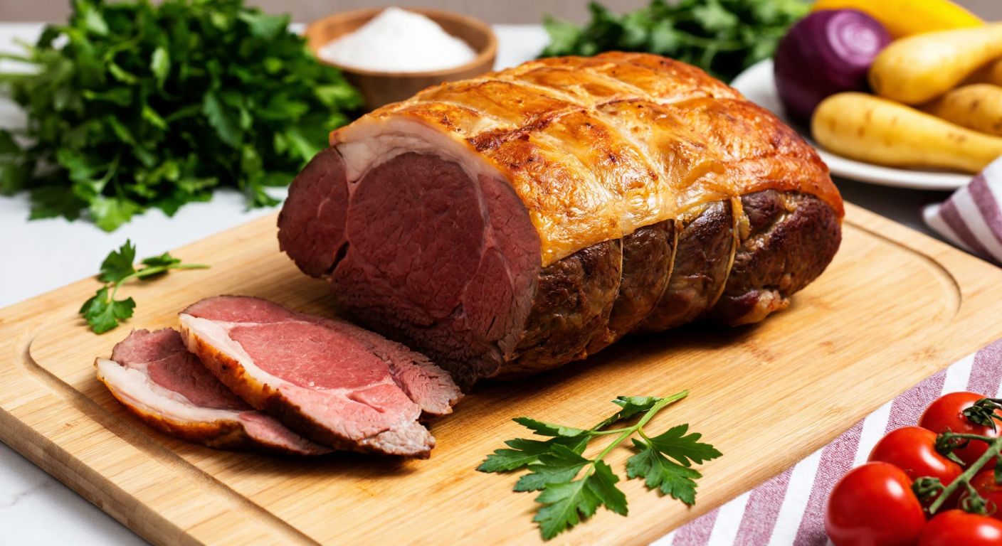 A golden-brown roast beef slice on a wooden cutting board, surrounded by fresh herbs and colorful vegetables, with a Turkish family in modern kitchen attire smiling as they prepare a balanced meal.