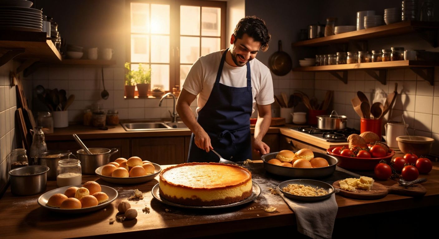 A warm Turkish kitchen with a golden cheesecake cooling on a counter, surrounded by scattered baking ingredients and a springform pan, while a smiling home cook in an apron carefully checks the oven.