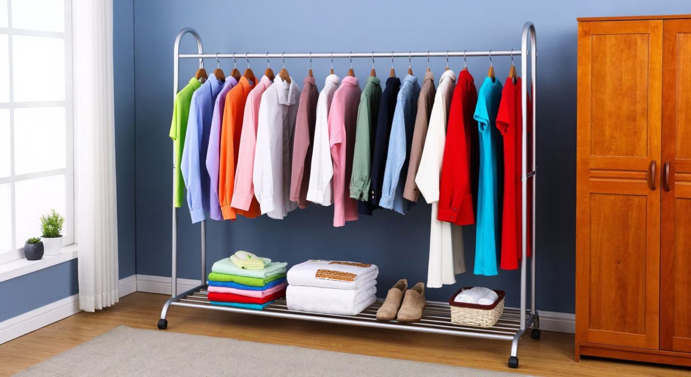 A sturdy two-tiered metal clothing rack in a Turkish home, neatly holding colorful garments on hangers, with folded towels on the lower shelf, placed beside a wooden wardrobe.