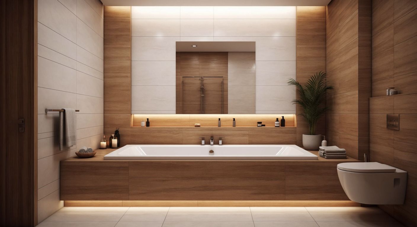 A sleek white L-shaped bathtub nestled in the corner of a modern Turkish bathroom with warm wooden accents and soft lighting, surrounded by minimalist ceramic tiles.