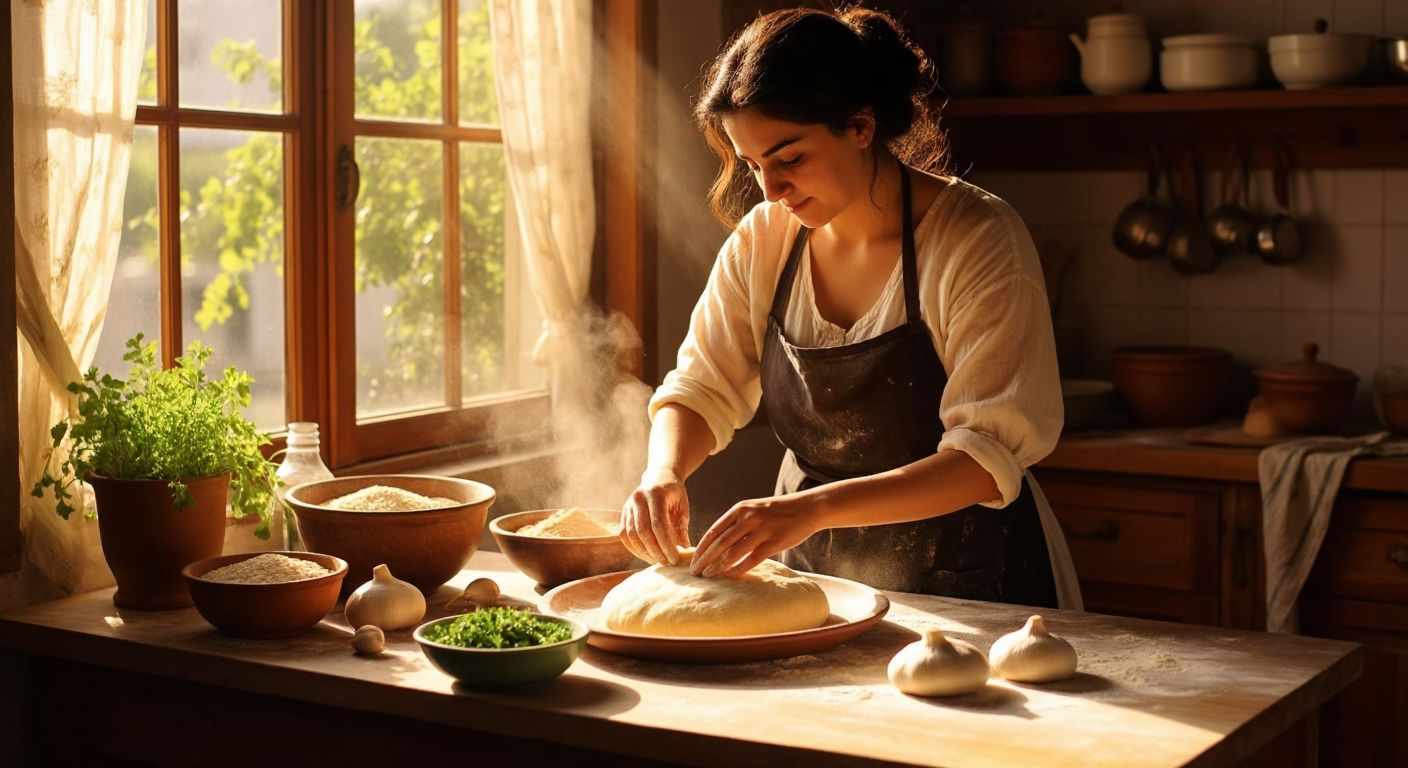 A Turkish woman in a sunlit kitchen kneads a soft, golden dough on a flour-dusted wooden table, surrounded by bowls of olive oil, yeast, and aromatic spices like fennel and sesame.
