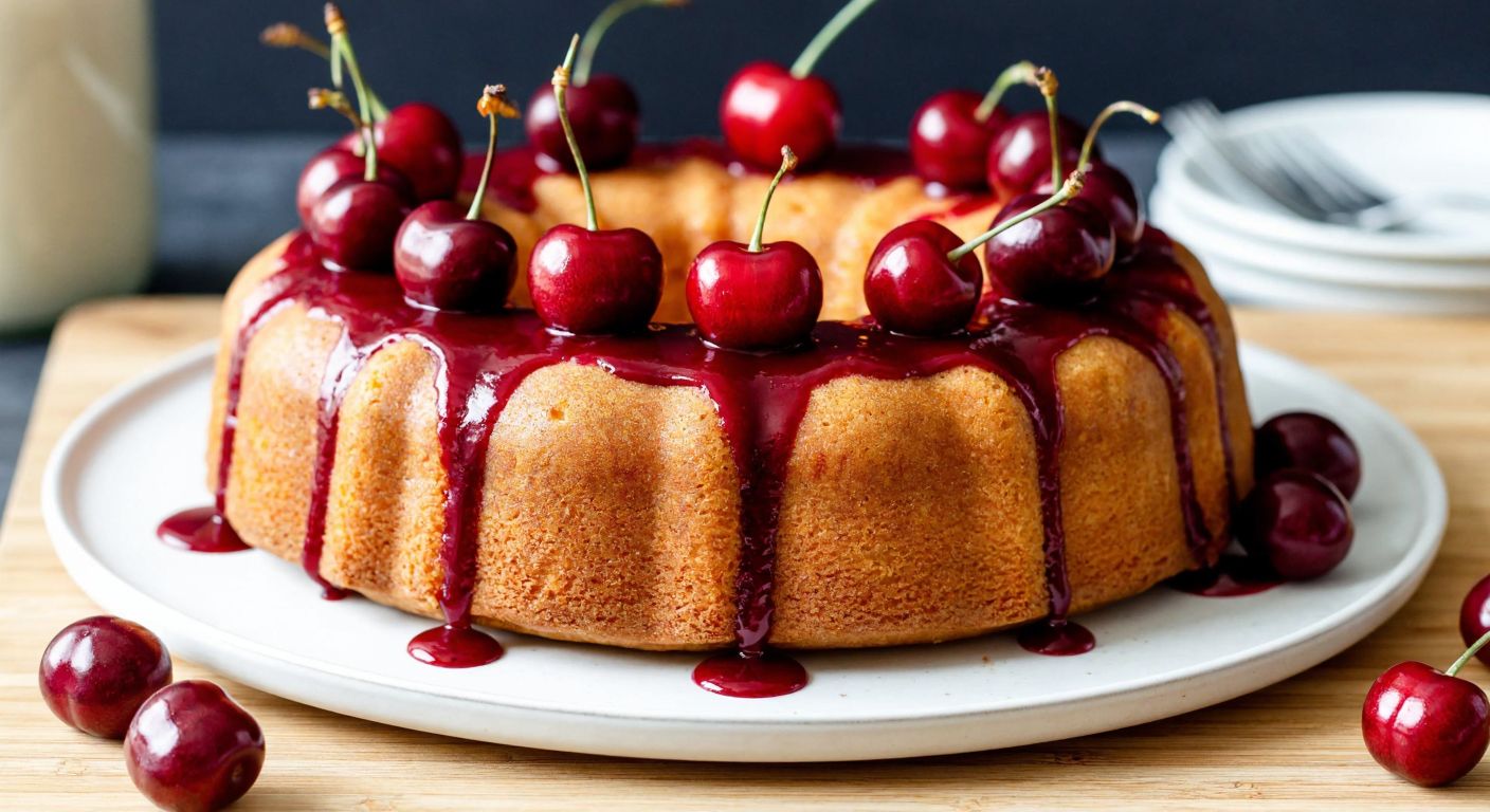 A warm, freshly baked cake sits on a wooden table, drizzled with vibrant cherry sauce that cascades down its sides, topped with scattered whole cherries for decoration.