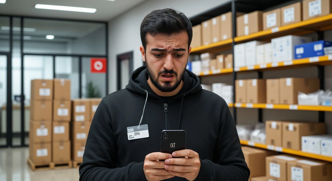 A frustrated Turkish customer holds a OnePlus phone with a price tag, standing near a customs office with stacked boxes and a tax document in the background.