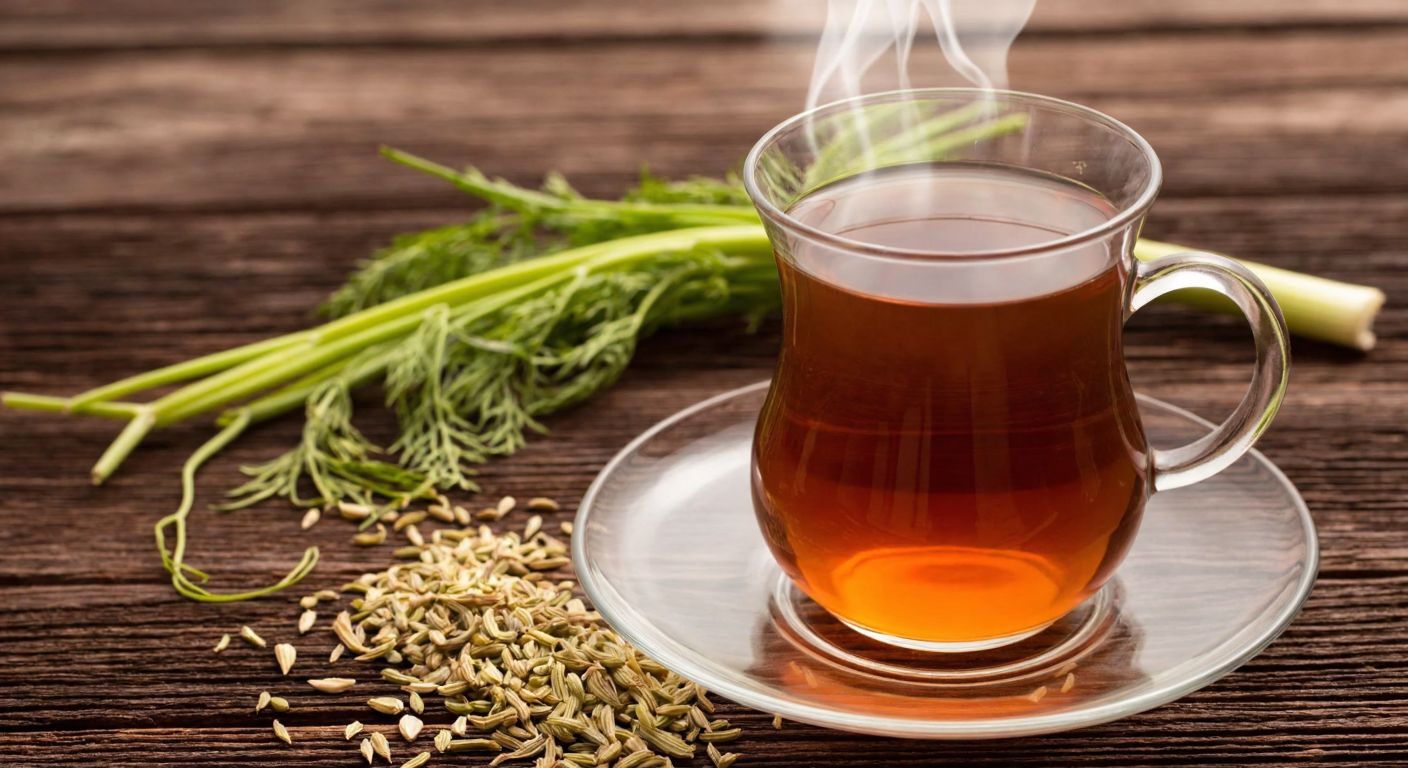 A warm, amber-hued fennel tea steams in a traditional Turkish glass cup, surrounded by scattered fennel seeds and fresh green fennel fronds on a rustic wooden table.