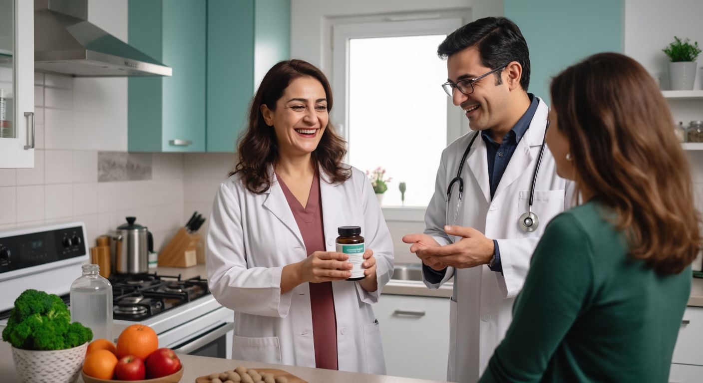 A smiling middle-aged woman in a Turkish home kitchen holds a bottle of Naturagen collagen tablets while a doctor in a white coat gestures reassuringly toward her.