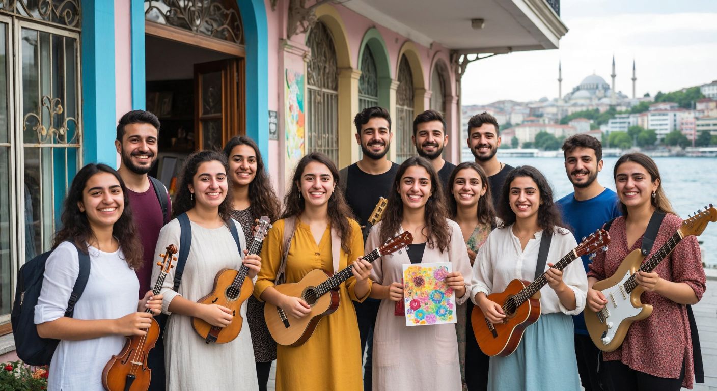 A diverse group of smiling adults and teenagers in Istanbul gather outside a vibrant İSMEK center, holding craft supplies and musical instruments, with the Bosphorus visible in the background.