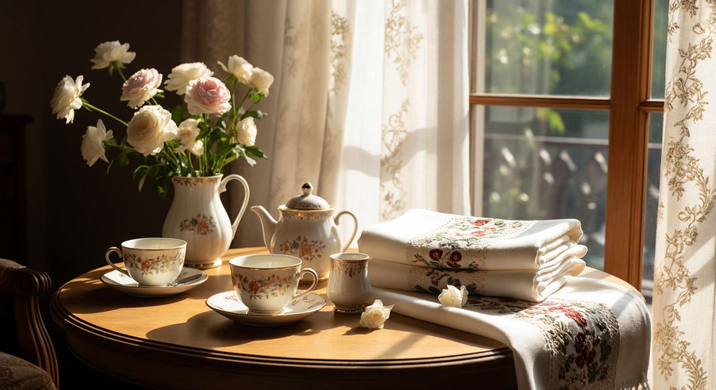 A cozy Turkish living room with a wooden table displaying delicate porcelain teacups (züccaciye) beside a neatly folded pile of embroidered linen napkins and a patterned tablecloth (ev tekstili), bathed in warm sunlight.