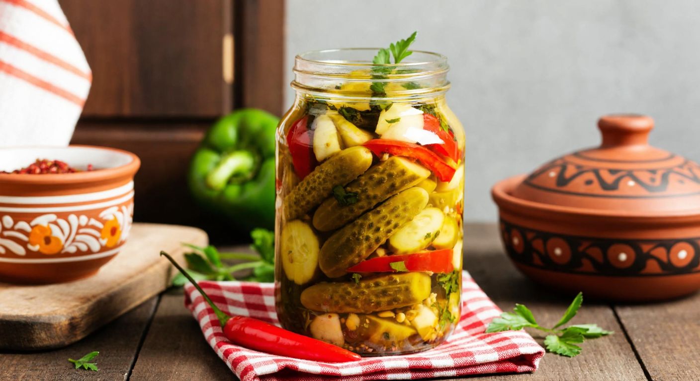 A rustic wooden table in a Turkish kitchen holds a jar of vibrant pickles with fresh cucumbers, peppers, and herbs, surrounded by traditional ceramic bowls and a checkered cloth.