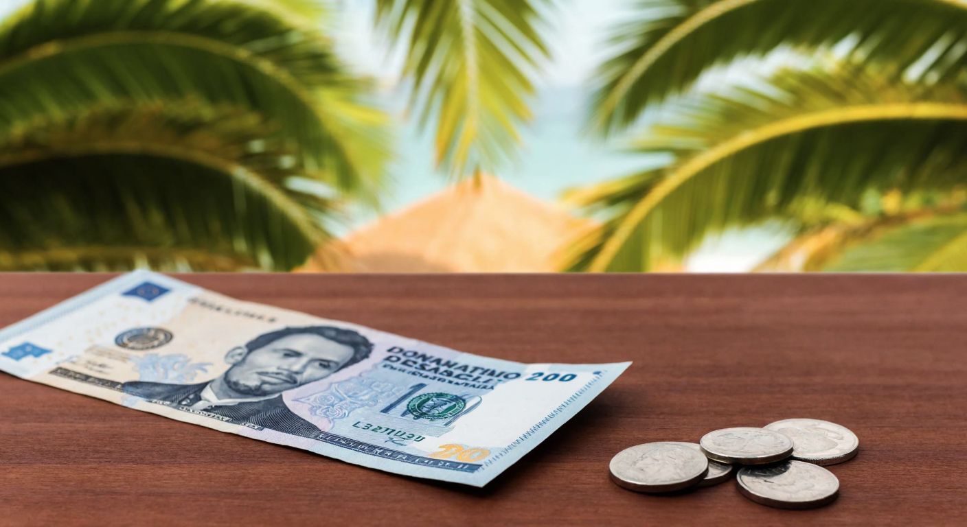 A single Dominican peso bill rests on a wooden table beside smaller coins, with a tropical palm tree faintly visible in the sunlit background.