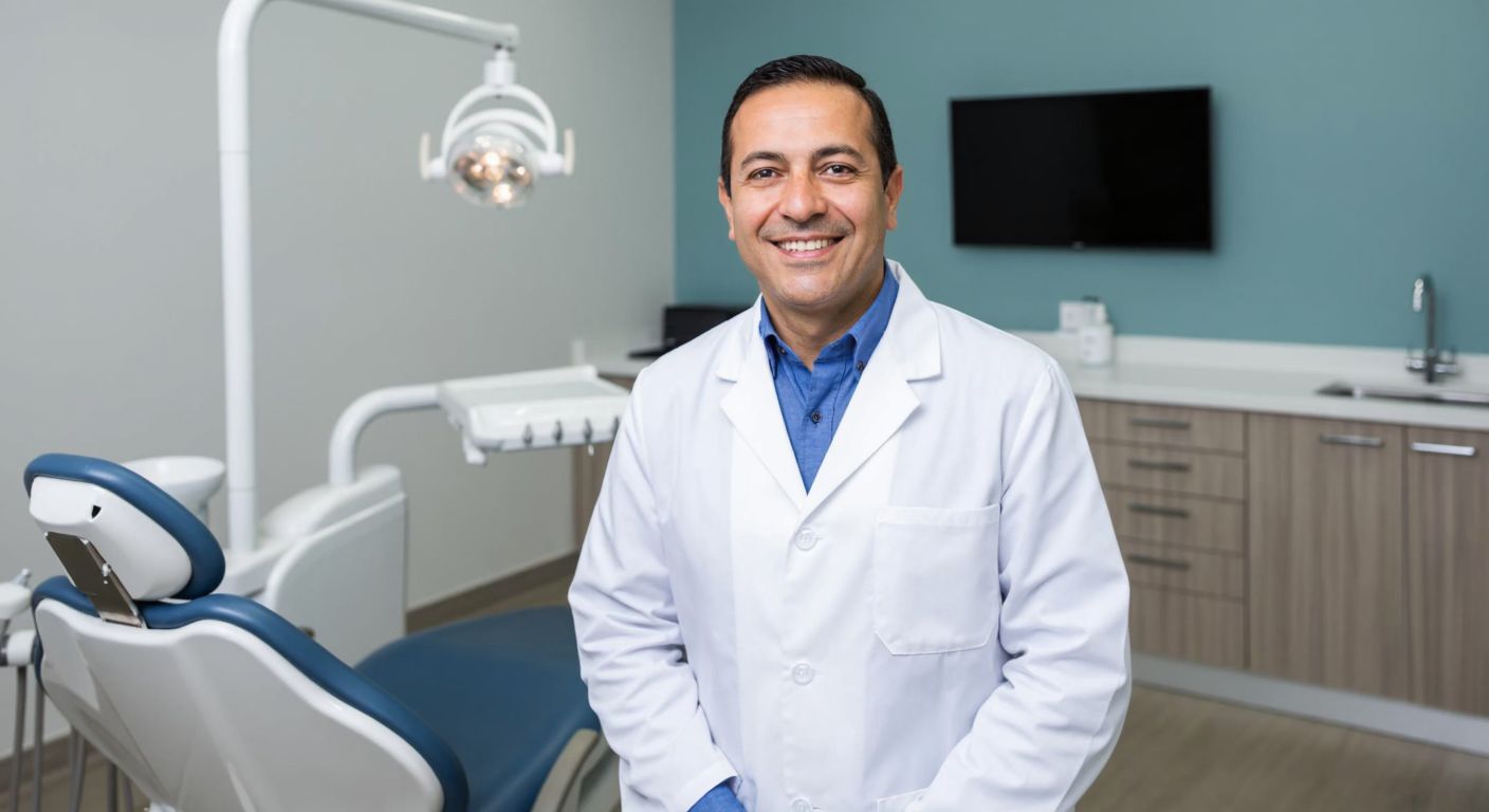 A middle-aged Turkish man in a professional dental office, wearing a white lab coat and smiling warmly, standing beside a modern dental chair with American dental equipment in the background.