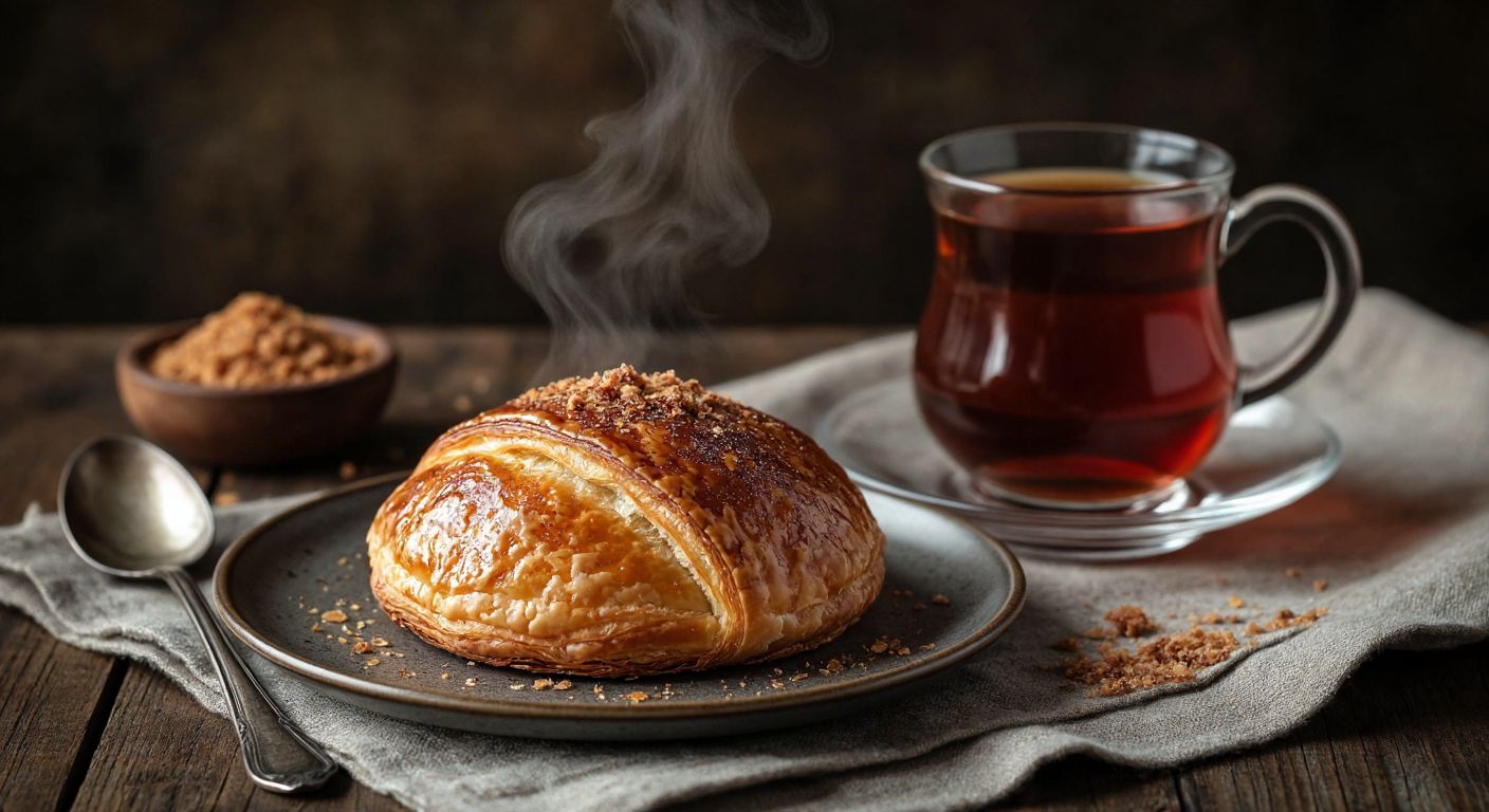 A golden-brown, flaky İzmir bombası pastry sits on a small plate beside a steaming cup of Turkish tea, with crumbs scattered nearby, evoking warmth and indulgence.
