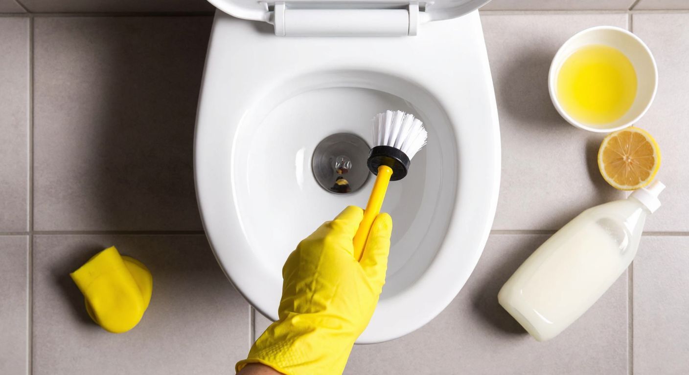A pair of yellow rubber gloves scrubbing a white toilet bowl with a brush, surrounded by a small bowl of baking soda, a bottle of white vinegar, and a sliced lemon on a tiled bathroom floor.