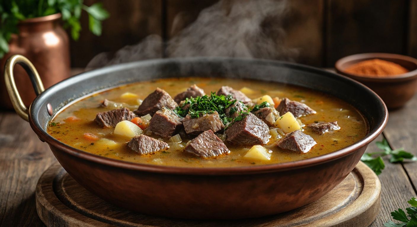 A steaming bowl of varil çorba with tender chunks of lamb and beef floating in a rich, golden broth, garnished with fresh parsley, set on a rustic wooden table in a cozy Turkish kitchen.