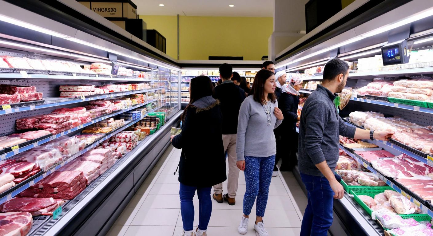 A bustling A101 supermarket aisle in Turkey, with shoppers eagerly browsing colorful refrigerated shelves filled with fresh meat and deli products, their faces lit with anticipation.