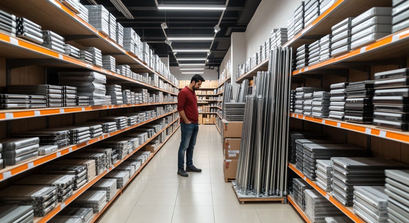 A well-lit hardware store aisle in Turkey with neatly stacked metal table legs and foldable table leg attachments on shelves, while a customer in casual clothing examines one closely.