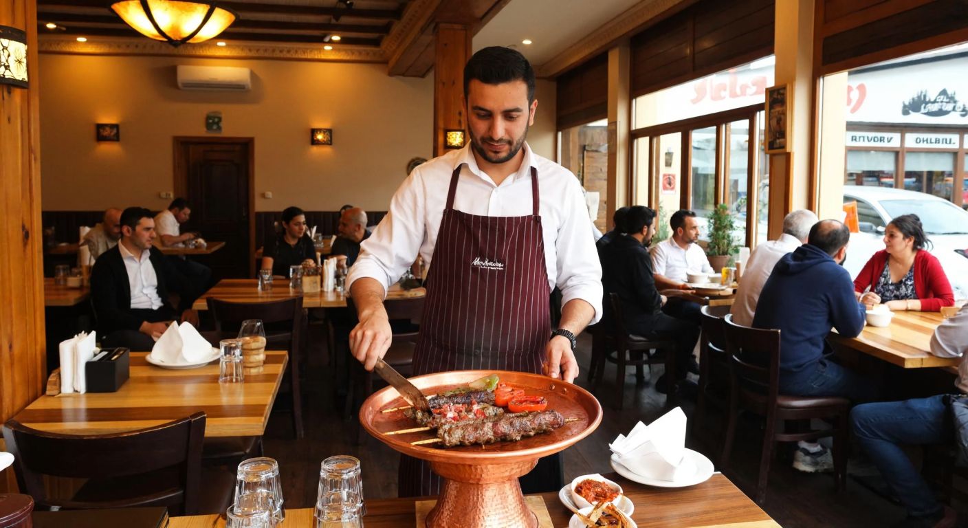 A bustling Turkish kebab restaurant with a warm, inviting atmosphere, where a waiter in a traditional apron serves sizzling kebabs on a copper tray to smiling customers seated at wooden tables, with no alcoholic beverages in sight.