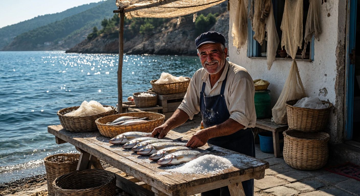 A sunlit coastal scene in Turkey with a weathered wooden table holding fresh fish sprinkled with coarse salt, surrounded by nets and baskets, as an elderly fisherman in a traditional cap smiles while preparing them for drying.
