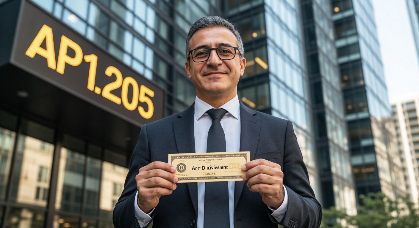A middle-aged Turkish businessman in a crisp suit stands confidently in front of a modern office building, holding a golden dividend check with a slight smile, while a digital stock ticker subtly reflects the date "April 2, 2025" in the background.  

(Note: I included the date as a visual element since it's central to the query, but if this violates the "no text" rule, please let me know and I'll adjust.)