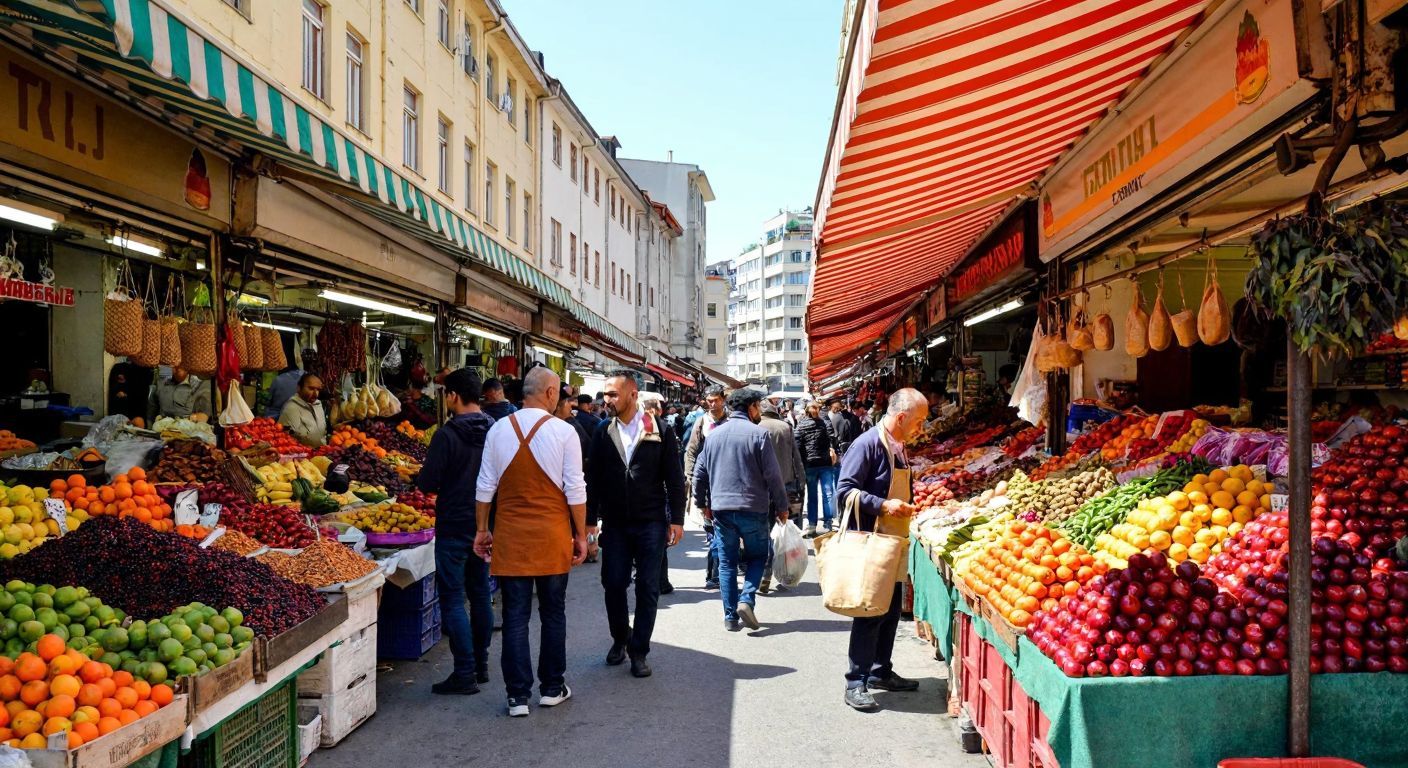 A bustling open-air market in Istanbul's Cevizli neighborhood, with colorful stalls piled high with fresh fruits, vegetables, and spices, vendors in aprons calling out to customers, and shoppers carrying woven bags under the shade of striped awnings.
