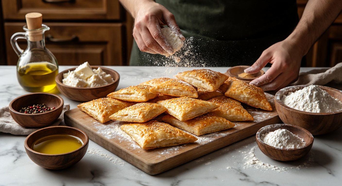 A warm Turkish kitchen with golden-brown, flaky *yaprak kraker* arranged on a wooden tray, surrounded by bowls of ingredients like olive oil, tulum cheese, and flour, while hands dusted with flour roll out thin dough on a marble counter.