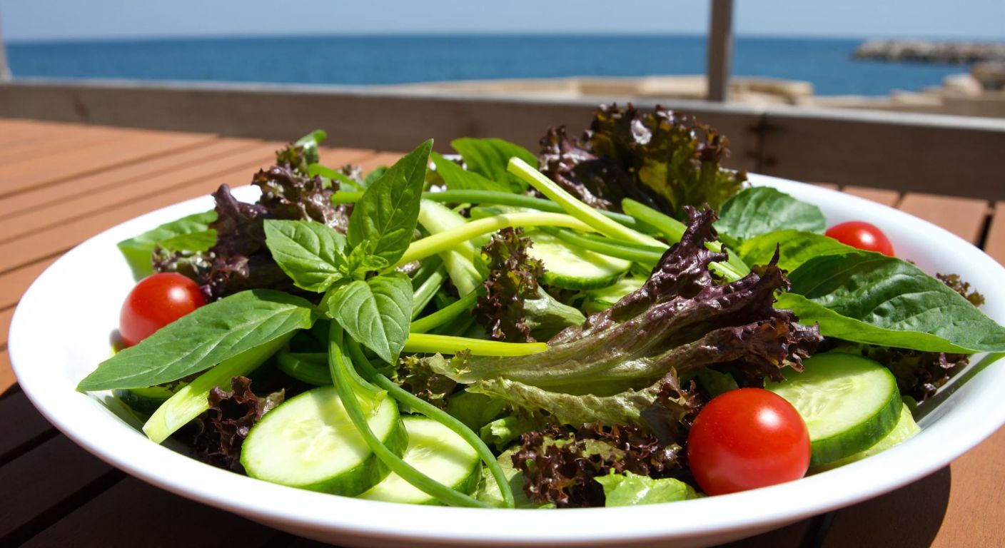 A vibrant Mediterranean salad bowl filled with fresh lolorosso leaves, cherry tomatoes, cucumbers, green onions, and herbs like basil and mint, set against a rustic wooden table with a sunlit coastal backdrop.