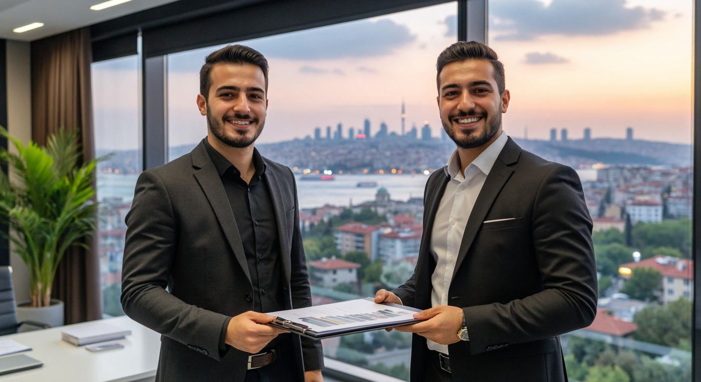 A well-dressed real estate agent in a modern Turkish office smiles confidently while presenting a sleek property portfolio to a client, with a vibrant Istanbul skyline visible through the window.