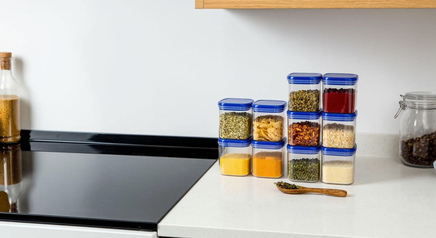 A neatly organized Turkish kitchen countertop with a stack of transparent, airtight döner-style food storage containers filled with colorful spices and dry ingredients, their lids securely twisted shut.