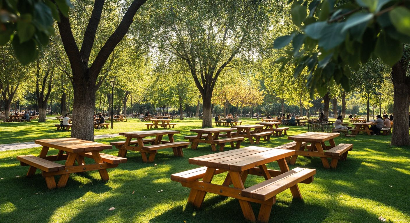 A sunlit Turkish park with wooden picnic tables of varying sizes—small round tables for couples, medium square tables for families sharing çay, and long rectangular tables for large groups enjoying a spread of meze and simit.