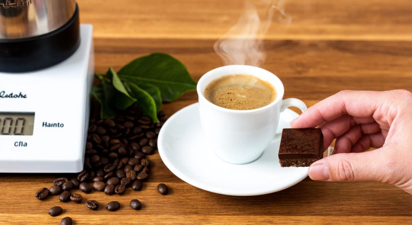A hand holding a small, rich espresso bar next to a steaming cup of Turkish coffee on a wooden table, with a kitchen scale and fresh coffee beans scattered nearby.