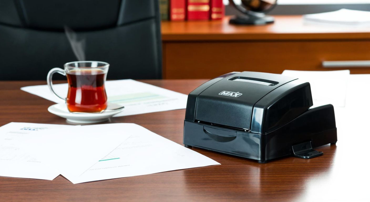 A sleek black hole punch labeled "MAX DP-F2Dn" sits on a wooden desk in a well-lit Turkish office, surrounded by scattered papers and a steaming cup of çay.