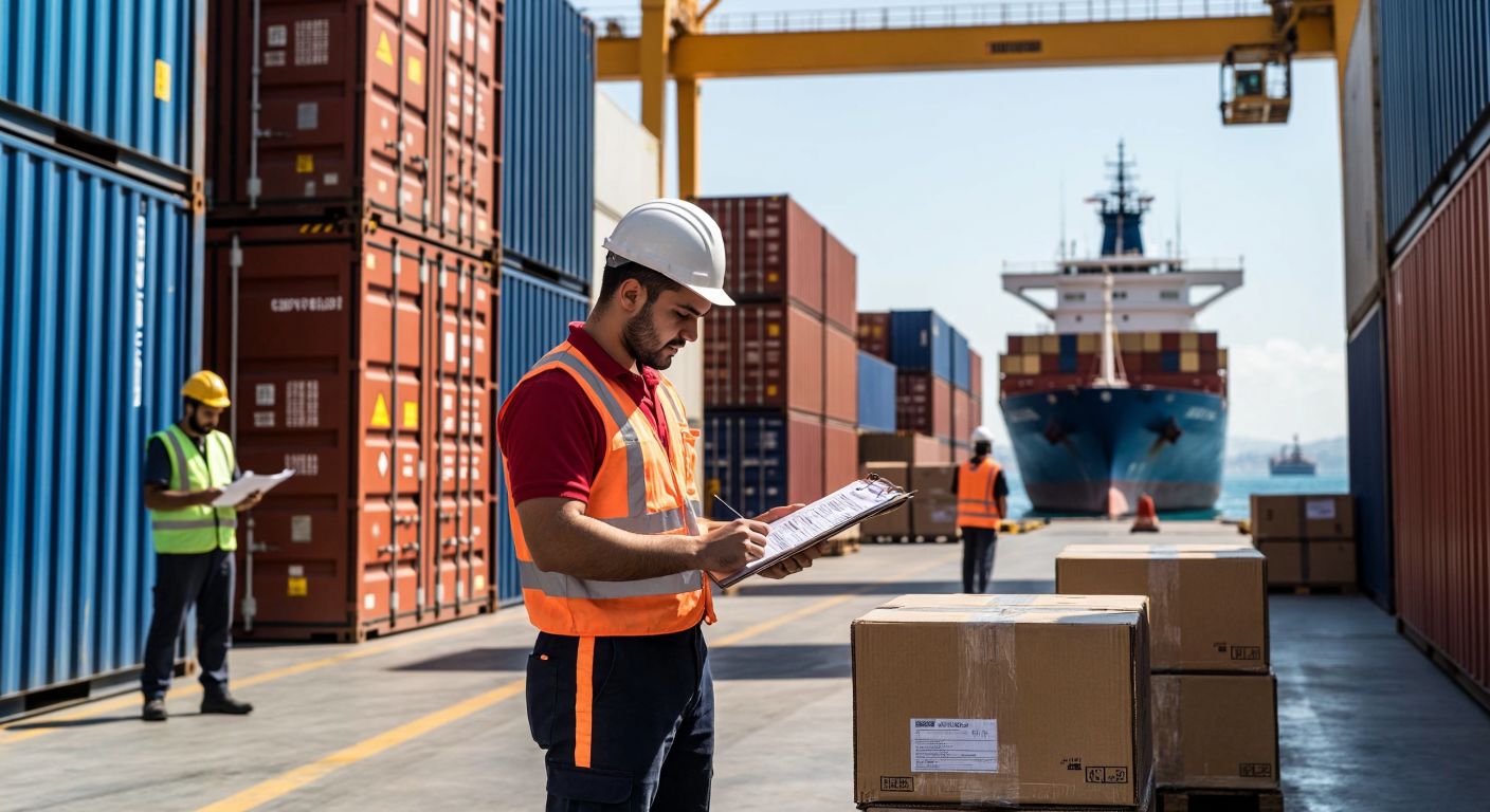 A bustling Turkish port with cargo ships in the background, workers unloading containers, and a freight forwarder in a crisp uniform reviewing documents near stacks of shipping crates.