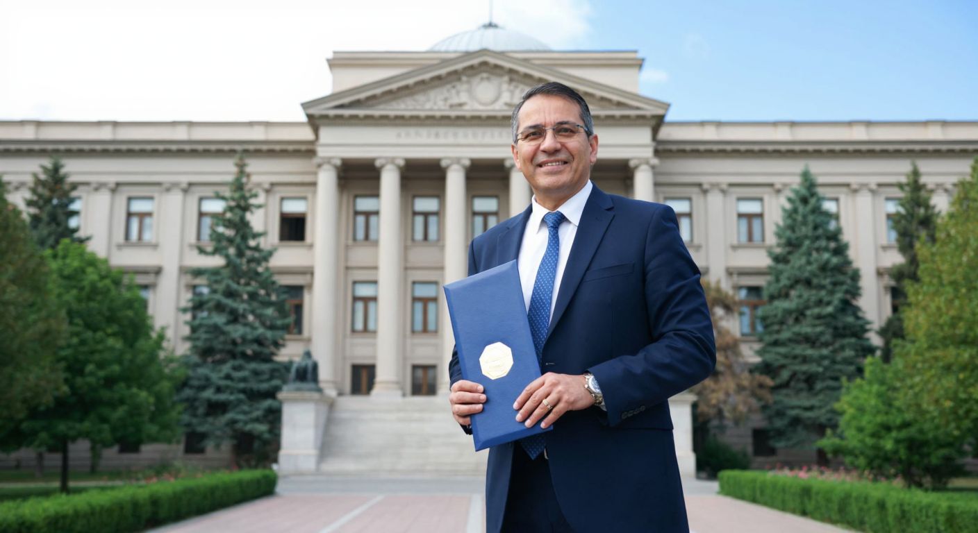 A distinguished middle-aged man in a formal suit stands proudly in front of Ankara University's grand neoclassical building, holding a diploma with a confident smile.