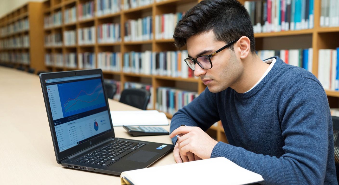 A focused Turkish student in a modern university library, wearing glasses and a casual sweater, intently analyzing statistical data on a laptop screen with a calculator and notebook beside them, surrounded by shelves of academic books.