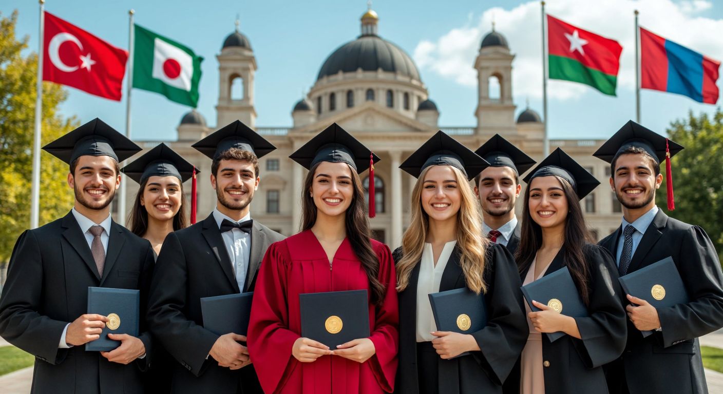 A diverse group of young graduates in formal attire, smiling proudly in front of a grand university building with domed architecture, holding diplomas while a mix of Turkish and international flags flutter subtly in the background.