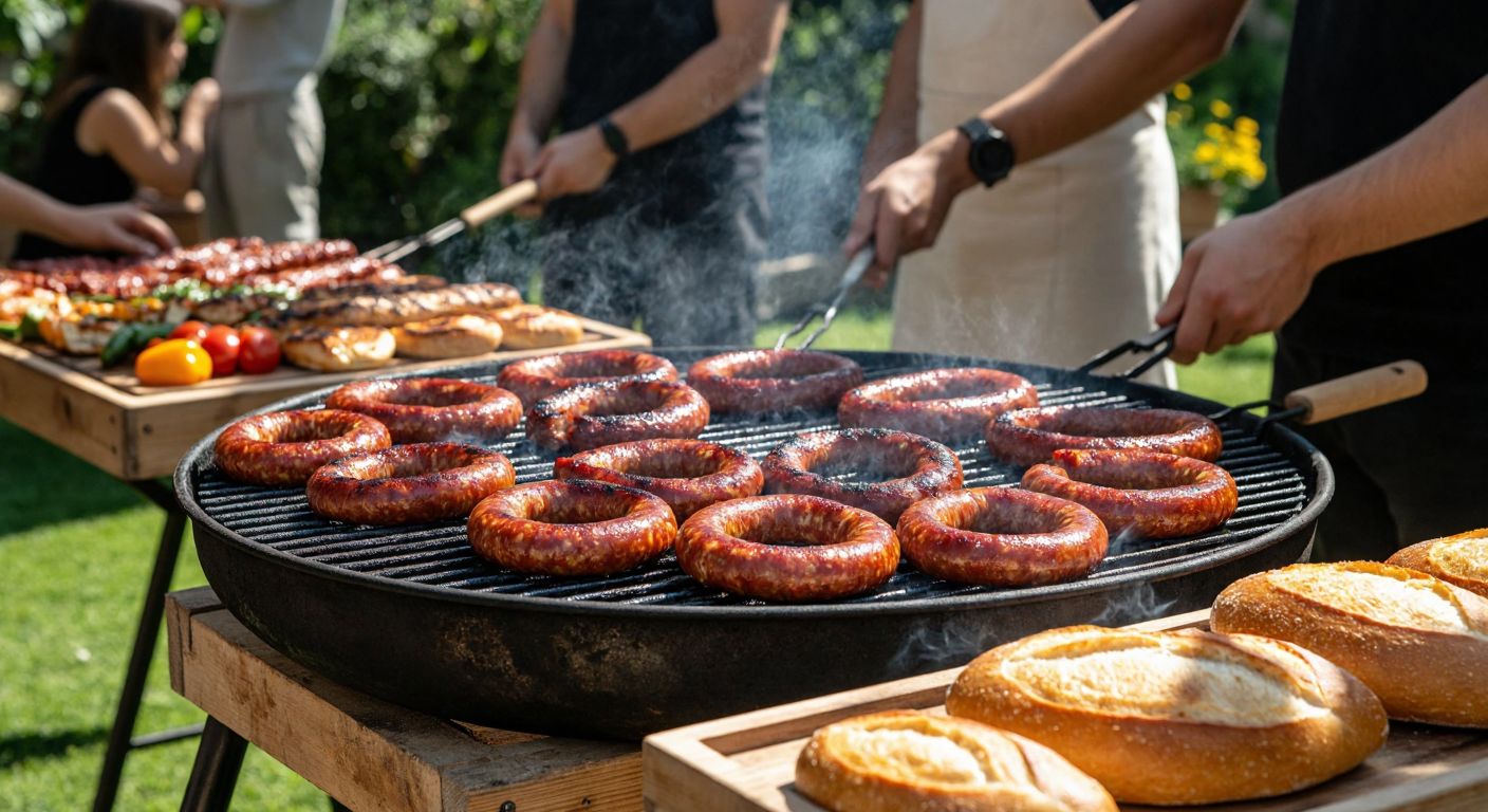 A group of people gathered around a charcoal grill in a sunny Turkish garden, with thick slices of sizzling sucuk on the grill, golden-brown and glistening, while fresh bread waits nearby on a wooden tray.