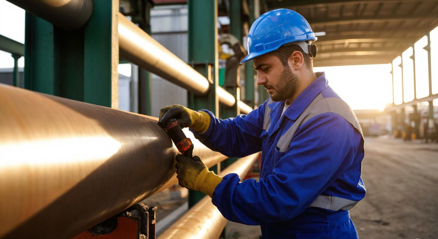 A Turkish industrial worker in a blue uniform carefully applies a rust inhibitor to a gleaming metal pipe in a sunlit factory, with protective gloves and a focused expression.
