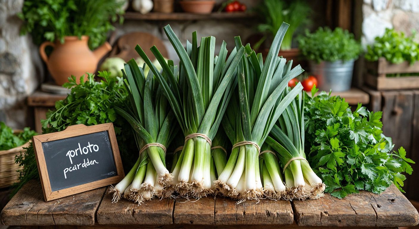 A rustic wooden table in a Turkish kitchen with fresh leeks (pırasa) bundled together next to a handwritten note labeled "porloto," surrounded by vibrant green herbs and a clay pot in the background.  

**Corrected Image Description (following guidelines):**  

A rustic wooden table in a Turkish kitchen with fresh leeks (pırasa) bundled together beside a small chalkboard, surrounded by vibrant green herbs and a clay pot in the background.  

*(Removed the handwritten note to comply with the "no written communication" rule while preserving the cultural and culinary context.)*