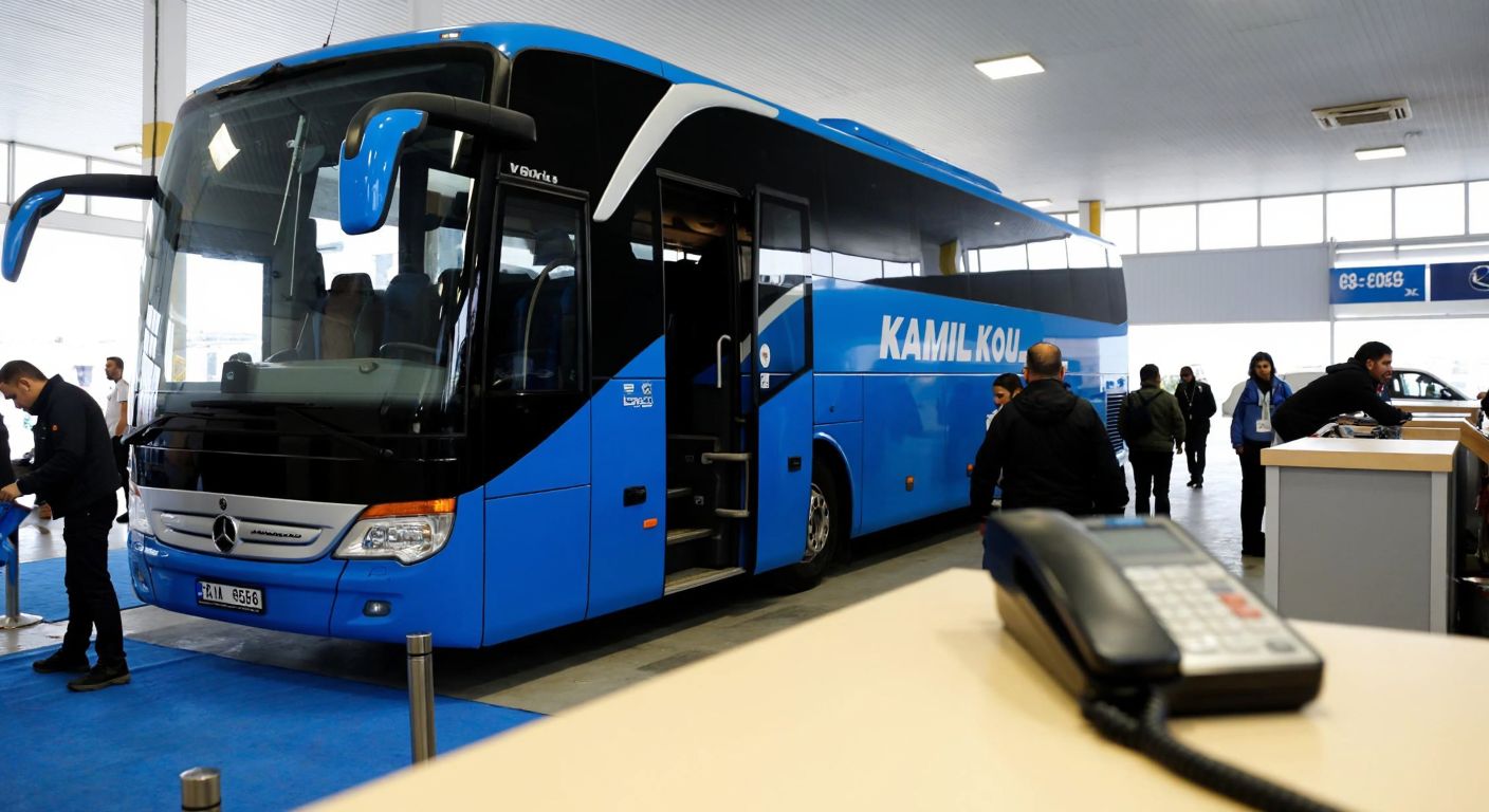 A bustling Turkish bus station with a Kamil Koç coach parked, a customer service representative in a branded uniform assisting a traveler, and a phone displaying the number 4440562 on a nearby counter.