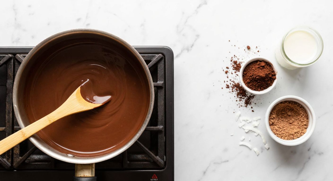 A warm Turkish kitchen with a small pot simmering on the stove, filled with creamy coconut milk and melted chocolate, while a wooden spoon stirs the mixture, surrounded by scattered cocoa powder, shredded coconut, and condensed milk on a marble countertop.