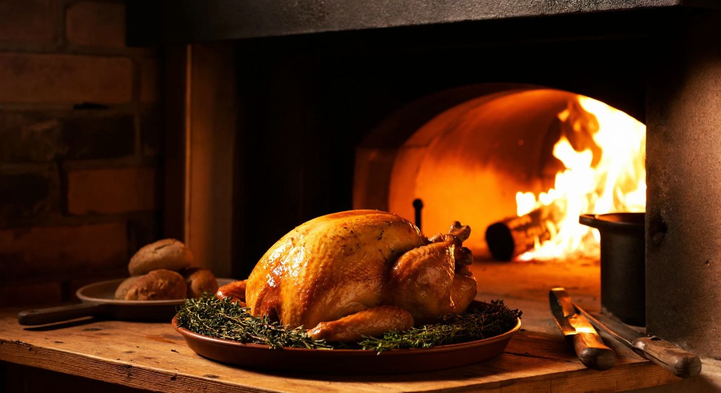 A golden-brown roasted turkey sits on a rustic wooden table beside a crackling wood-fired oven, with warm light casting shadows and the aroma of herbs filling a cozy Turkish kitchen.