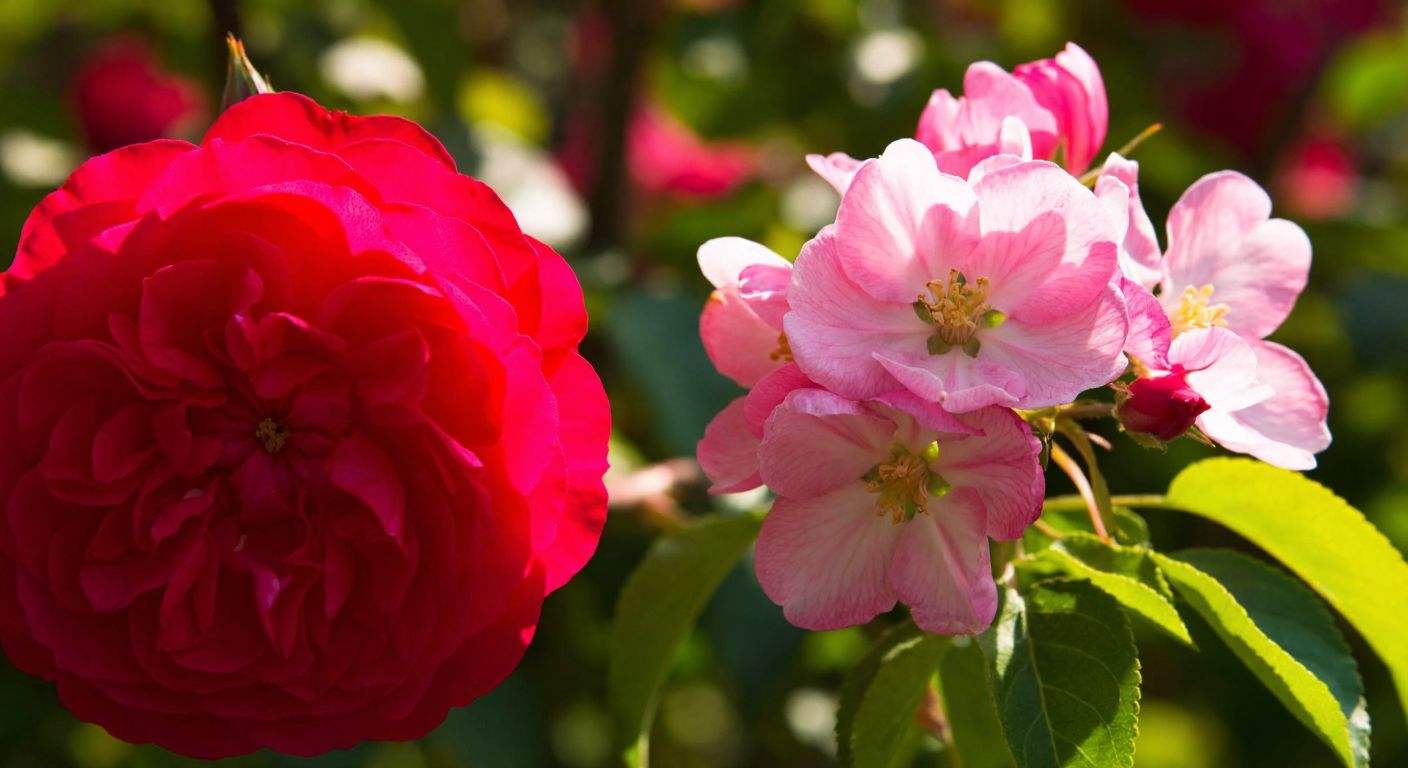 A vibrant Turkish garden with a lush red rose (tam çiçek) and a delicate apple blossom (mükemmel çiçek) side by side, their petals glowing under warm sunlight, highlighting their distinct reproductive structures.