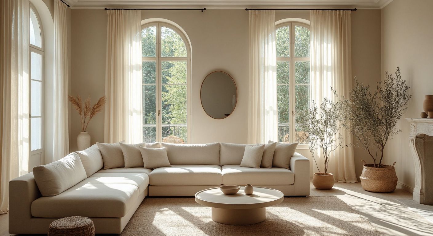 A bright, airy Turkish living room with light-colored walls, sheer cream curtains filtering sunlight, a tall-legged minimalist sofa, a strategically placed mirror reflecting the window, and sparse decorative accents.
