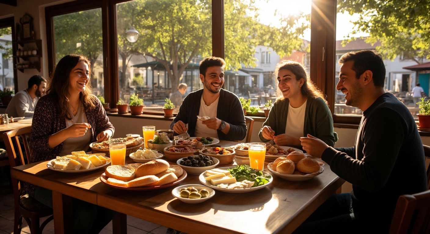 A cozy Turkish breakfast spread with fresh bread, olives, cheeses, and honey on a wooden table in Peysan Torbalı, surrounded by smiling locals in casual attire, under warm sunlight streaming through large windows.